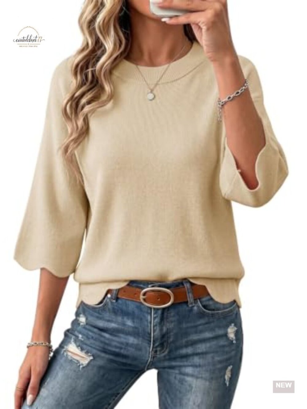 Dokotoo Oversized 3/4 Sleeve Crewneck Scalloped Hem Pullover Sweater